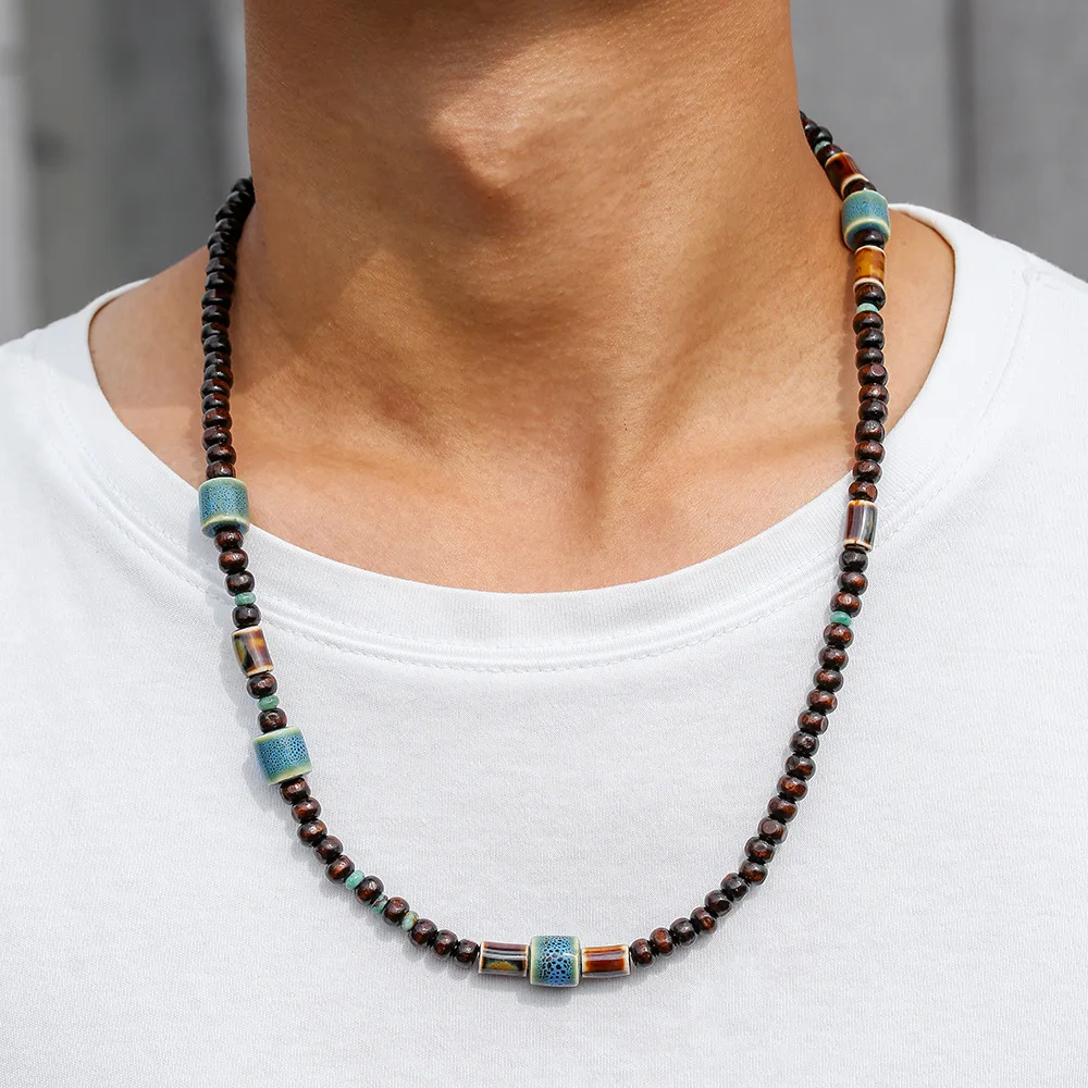 1PC Men's Retro Ethnic Long Wooden Beaded Necklacefor Men Bohemia Ceramic Beads Necklace Man Jewelry - view 3