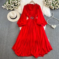 Autumn Purple/Black/Red Diamonds Draped Chiffon Pleated Party Long Dress Women Beach Vacation Vestidos Elegant Puff Sleeve Robe