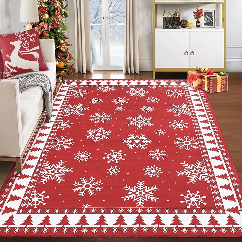 Living Room Carpet Large Size Non-slip Machine Washable Soft Comfortable Floor Mat Green Christmas Tree Snowflake Home Decor Rug