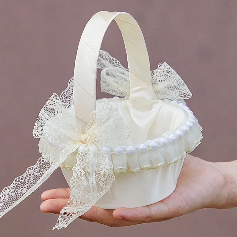 1 cesta de boda con lazo de encaje champán, cesta para Chica adolescente para cestas de boda, cesta pequeña para dulces, diámetro 4,33 "(11cm)