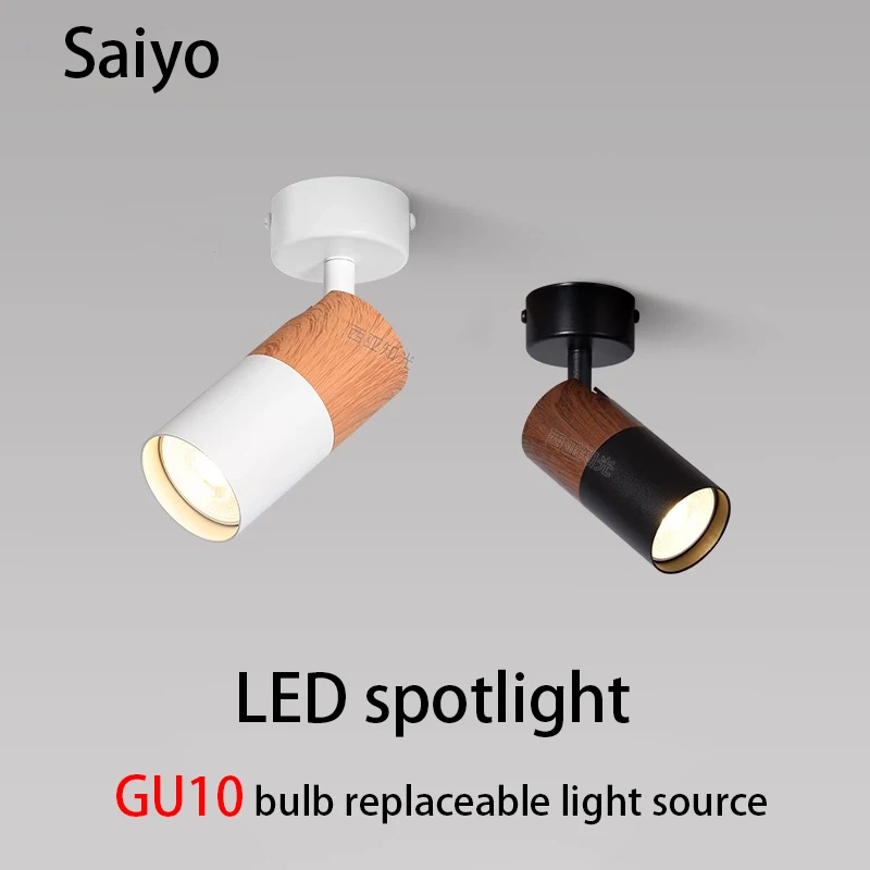 

Led Spotlight Surface Mounted Spot Light GU10 Replaceable Bulb Wood Grain Walnut Clolor Adjustable Angle Ceiling Lamp Aluminum