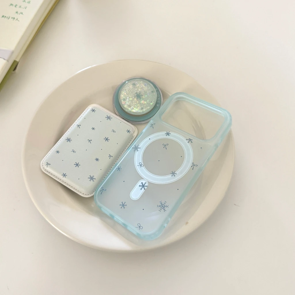 

Романтический синий матовый чехол со снежинкой и бантом с держателем для карт, магнитный чехол для телефона для iPhone 17, 16, 15, 14 Pro Max