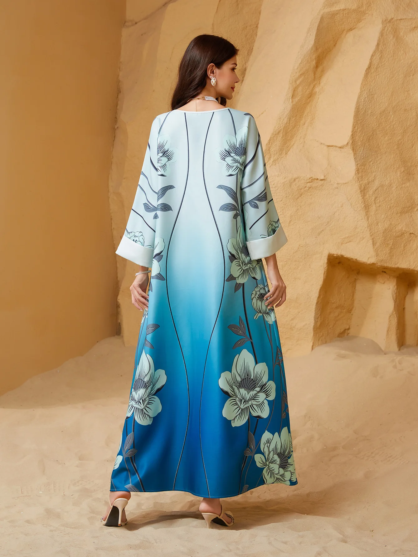 มุสลิมชุดสตรีดอกไม้พิมพ์ยาว Robe Sequins Eid Ramadan โมร็อกโก Kaftan ดูไบ Abayas Saudi Vestidos Jalabiya ชุด