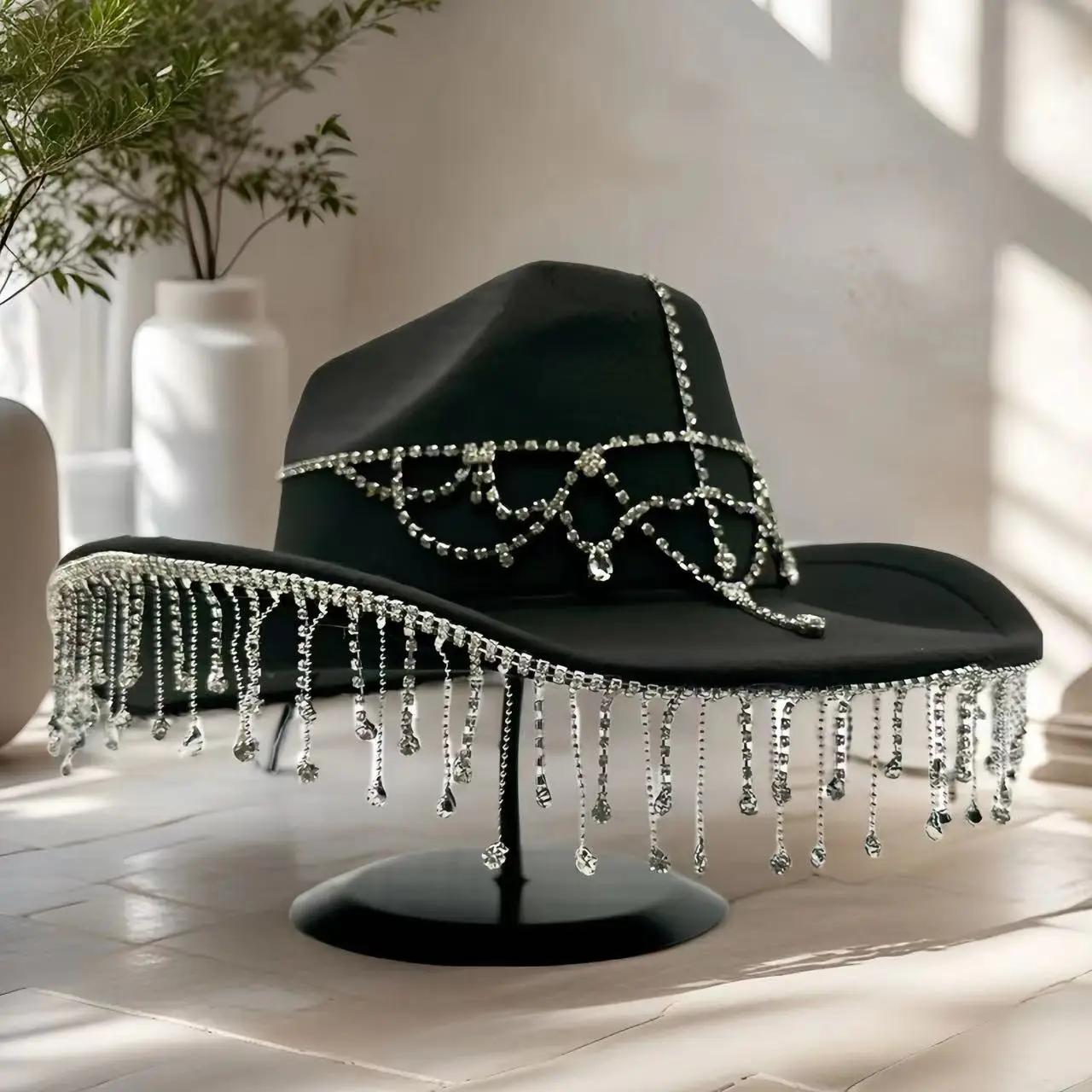 홍루안 서부 카우보이 모자 라인스톤 남성용 - 빈티지 카우보이 액세서리 및 여성용 컨트리 카우걸 모자