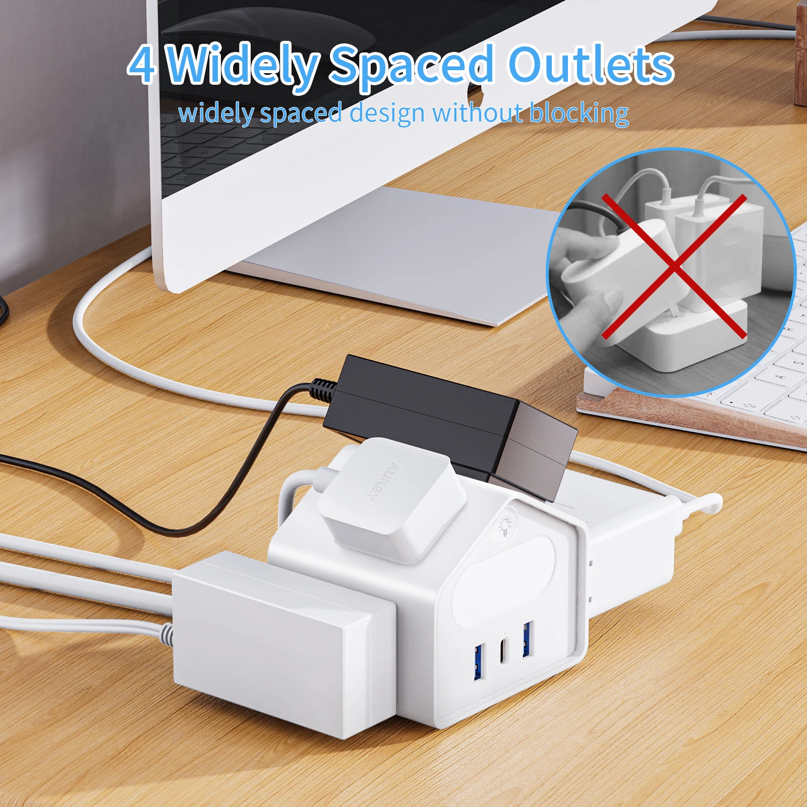 Power board Surge protector, US Gauge 18W USB C, 6-foot extension cord, multiple outlets, white with night light