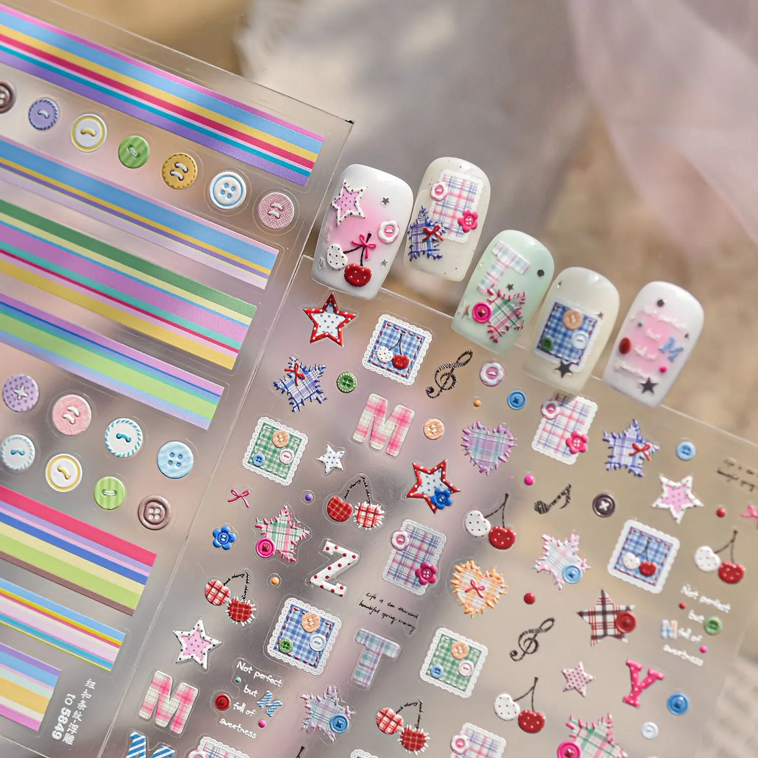 5D Embossed Nail Stickers Cute Fruit Star Plaid Cherry Pattern Self-Adhesive Nail Art Sticker for DIY Manicure Decoration Decals