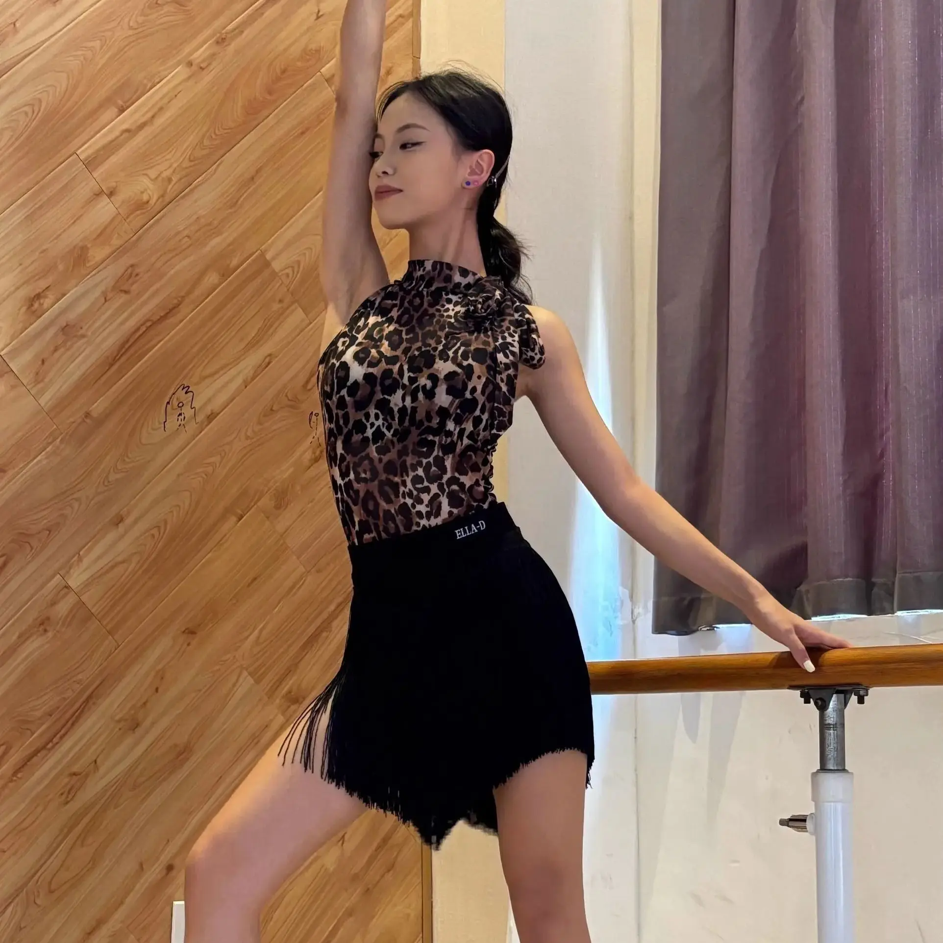 Vrouwen Luipaard Print Kwasten Split Latin Dansvoorstelling Jurk Samba Chacha Praktijk Kleding Volwassen Vrouwelijke Stadium Slijtage DM21904