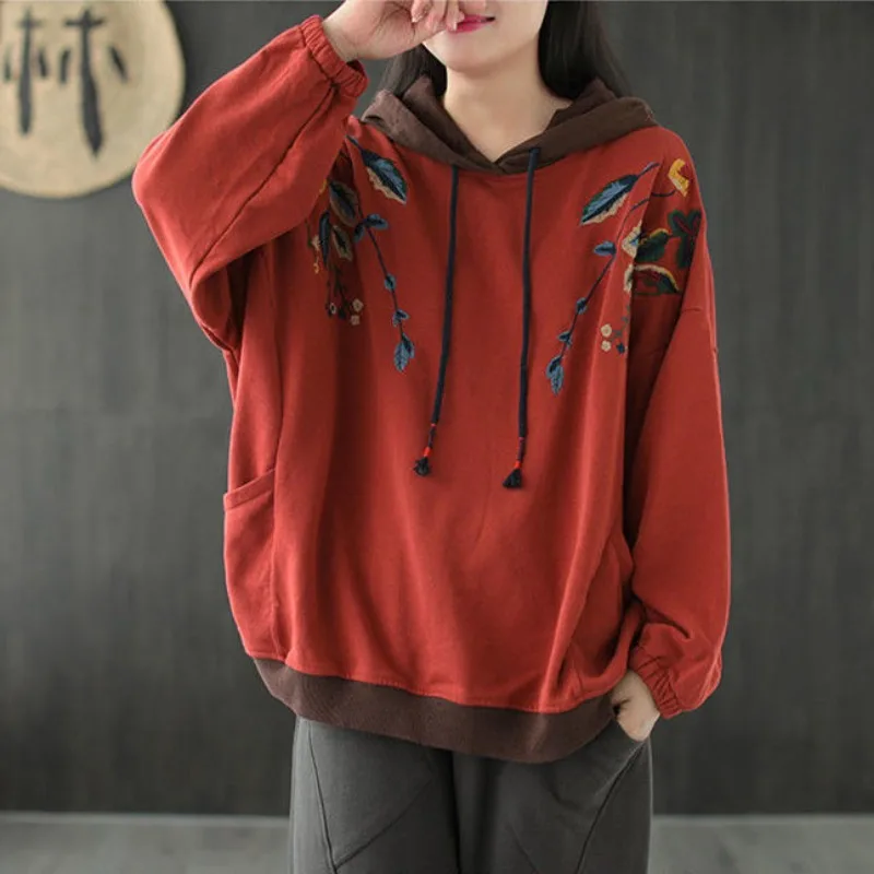 Red Hoodies Hip Hop Embroidered Hooded Top Grunge 2024 Women\'s Sweatshirt Baggy Sport Loose with Orint on Emo Xxl Woman Clothing