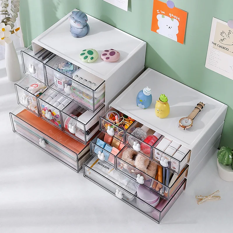 Cute Desktop Storage Box Organizer Creative Rabbit Transparent Drawer Storage Box Stackable Student Stationery Organizer Rack