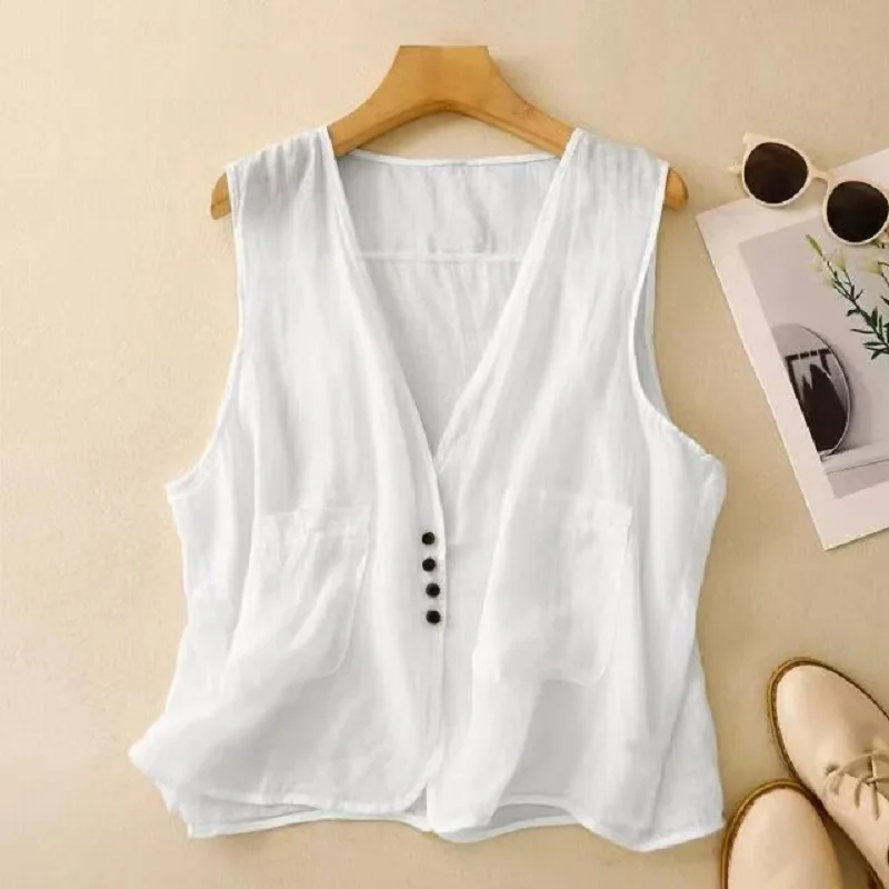 Womens Cotton Linen Vest  Solid Color Thin Waistcoat Summer