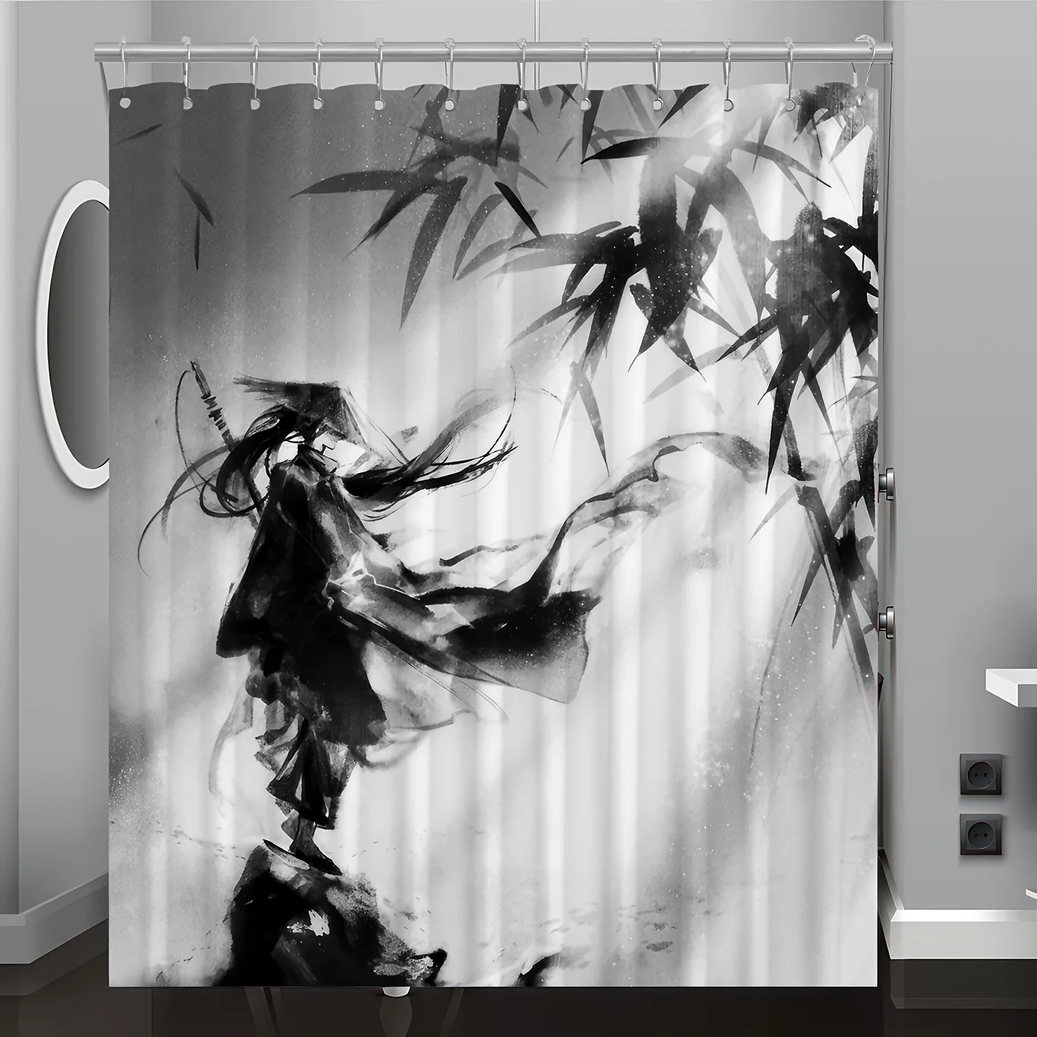 

Bamboo Knight Ink Painting Shower Curtain - Digital Print, Machine Washable, Includes Hooks, Bathroom & Home Decor