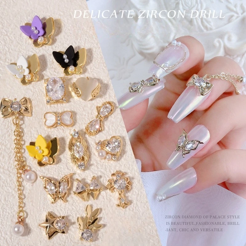 1Pc Double Layer 3D Butterfly Nail Charm Metal Zircon Heart Pearl Bow With Chain DIY UV Gel Press On Nails Manicure Ornament