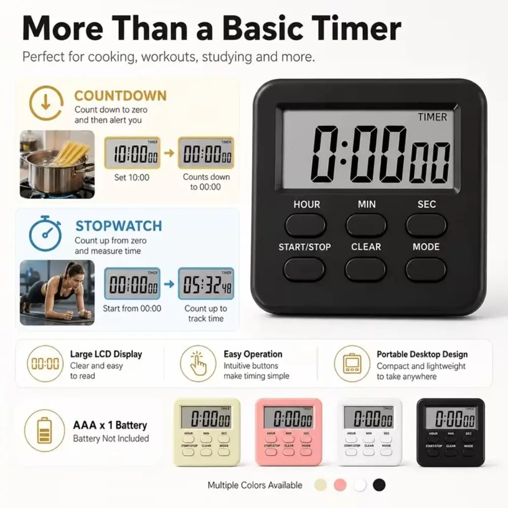Hanging Hole Dual-Mode Digital Timer Magnetic Back Compact Countdown Timer Durable Large LCD Display Kitchen Timer Home Chefs
