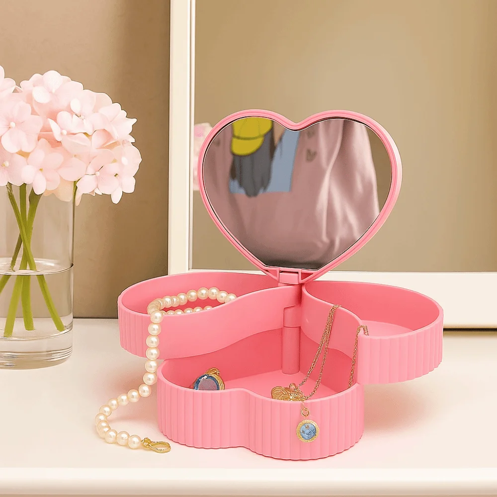 

Rotating Heart Shape Jewelry Boxes Large Capacity Double Layer Jewelry Organizer With Mirror Jewelry Storage Boxes Dresser