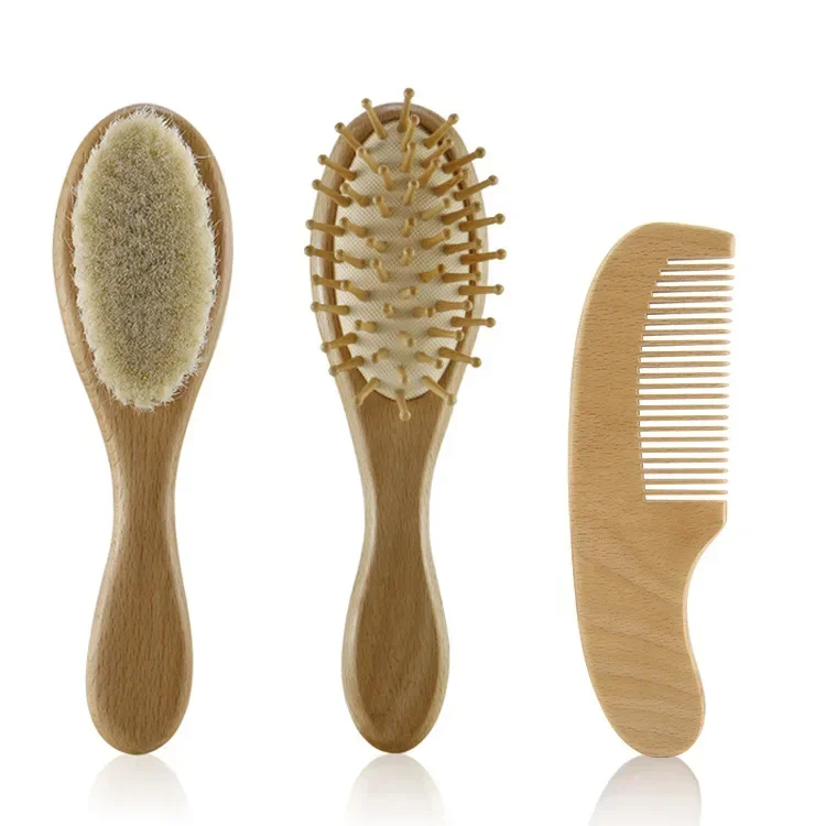 Newborn Baby Wooden Brush Baby Natural Wool Comb Newborn Hair Brush Infant Head Massager Portable Bath Brush Comb for Kids