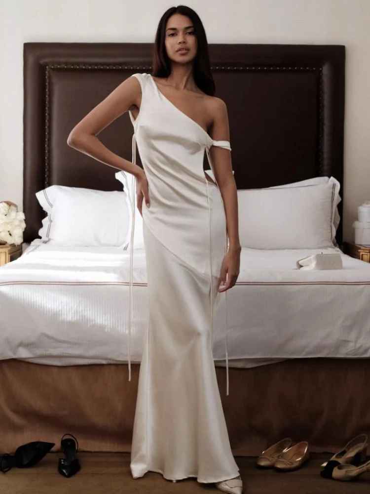 Sexy New Satin Long Dress For Women Sleeveless Backless Maxi Robes Lace Up Oblique Neck Vestidos 2026 New Lady Evening Gowns