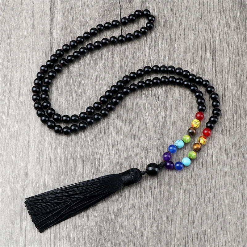 Charm Men 7 Chakra Natural Stone Knotted Necklace 108 Japa Mala Beads Meditation Yoga Jewelry for Women Tassel Pendant Necklace