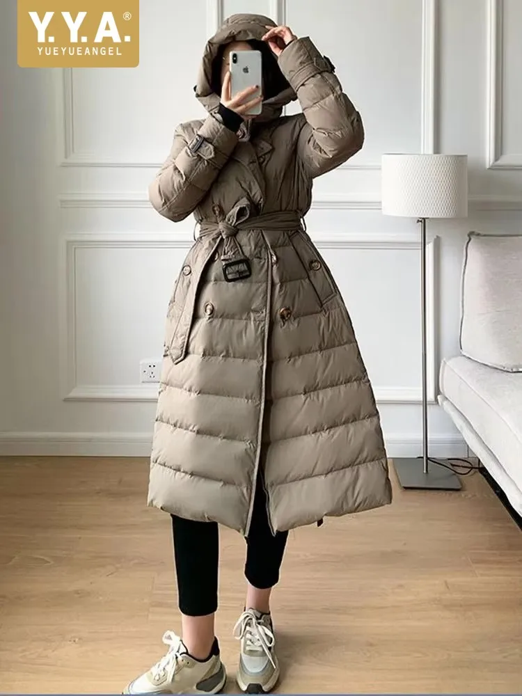 Women Winter Windbreaker Long Down Jacket Double Breasted Belted Hooded Overcoat Vintage Office Ladies Thick Warm 90% Down Coats
