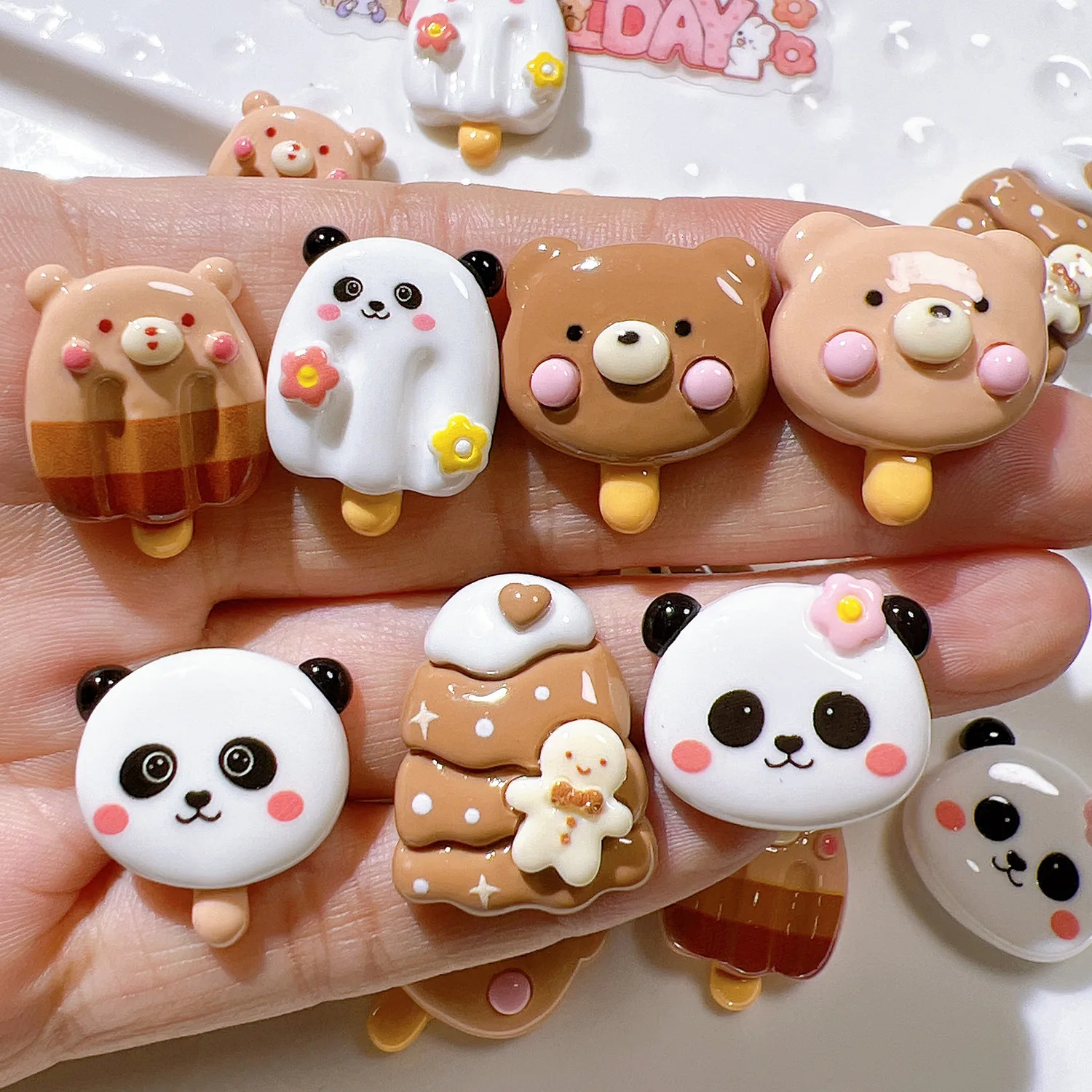 10 Pcs New Cute Cartoon  Little Bear Popsicle Series Resin Scrapbook Diy Jewelry Children Gift Hairpin Accessories B55