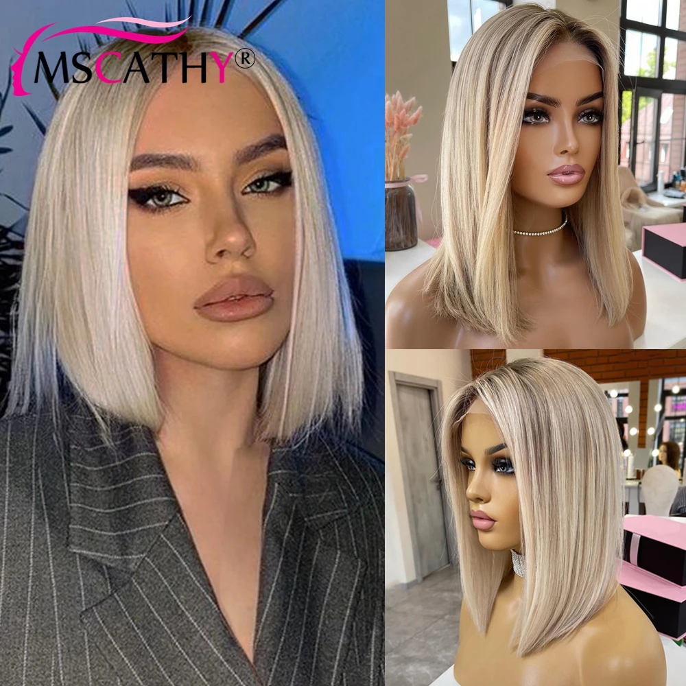 

200% Vanilla Blonde Balayage Glueless Short Bob Wig Preplucked Transparent Ombre Pixie Cut 5X5 Closure Wigs Easy To Wear Pre Cut