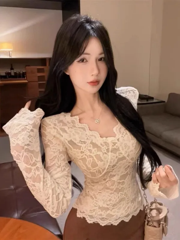 

Sexy ort Lace irt Pure Desire Sle Waist-Cinching Design Unique Autumn Winter Women's Faion Top Unique Small ence