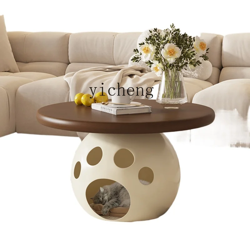

ZF Cream Style Solid Wood Cat Nest Tea Table Small Apartment Living Room Home Light Luxury Art Small Coffee Table