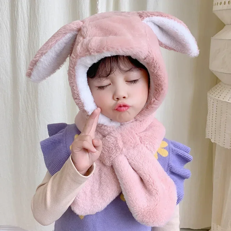 Sweet Baby Hat Scarf in One for Boys Girls Cute Autumn Winter Cartoon Cute Rabbit Ear Plush Warm Hats Children\'s Windproof Cap