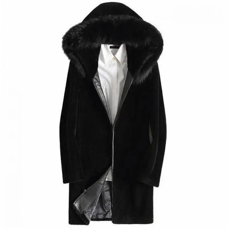 Winter New Men Faux Mink Fur Overcoat Fleece-Lined Thickened Long Section Imitation Fur Coat Fashion Large Size Hooded Parkas