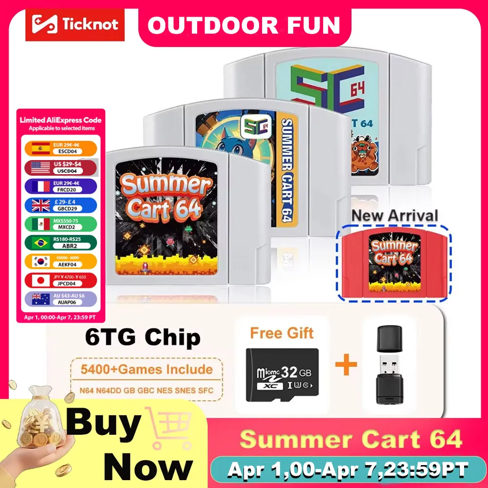 5400 In 1 SummerCart 64 Spielkarte für N64 Retro-Spielkassette ED 64 für Nintendo 64 mit 32 GB TF-Karte, keine Regionsbegrenzung