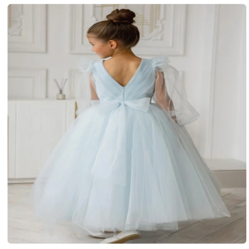 Light Blue Tulle Puffy Flower Girl Dress Long Sleeve Lace Ankle Length For Wedding Birthday Pageant Host First Communion Gowns