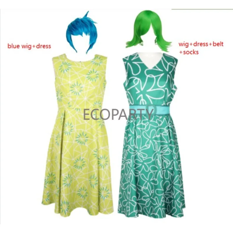 2PCS Inside Cosplay Out Costume Cartoon Flower Princess Dress+Wig Women Disgust Joy Dress Halloween Carnival Dress Up Party