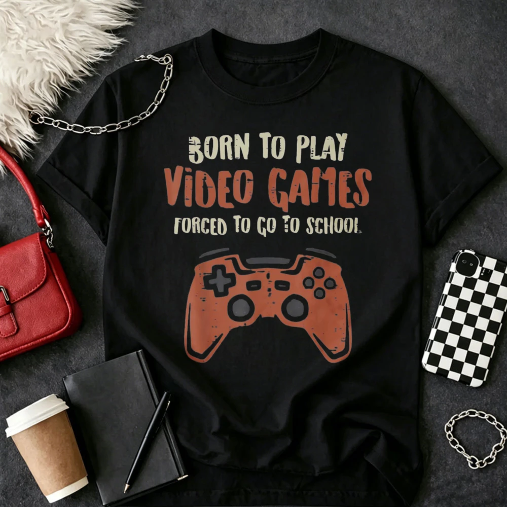 Unisex Oversized Tshirt Vintage Game Controller Graphic Born To Play Video Games Casual Short Sleeve Top for Teen School Trip