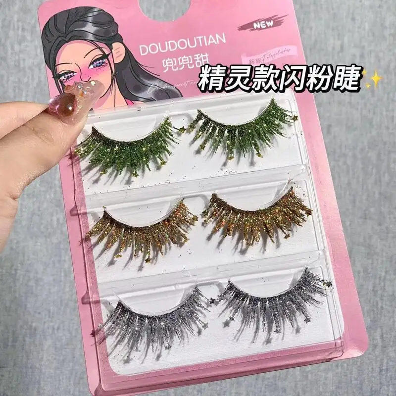 Doudou Sweet Glitter False Eyelashes Christmas Limited Edition Green False Eyelashes Cosplay Devilish Style Eyelashes Whole Set