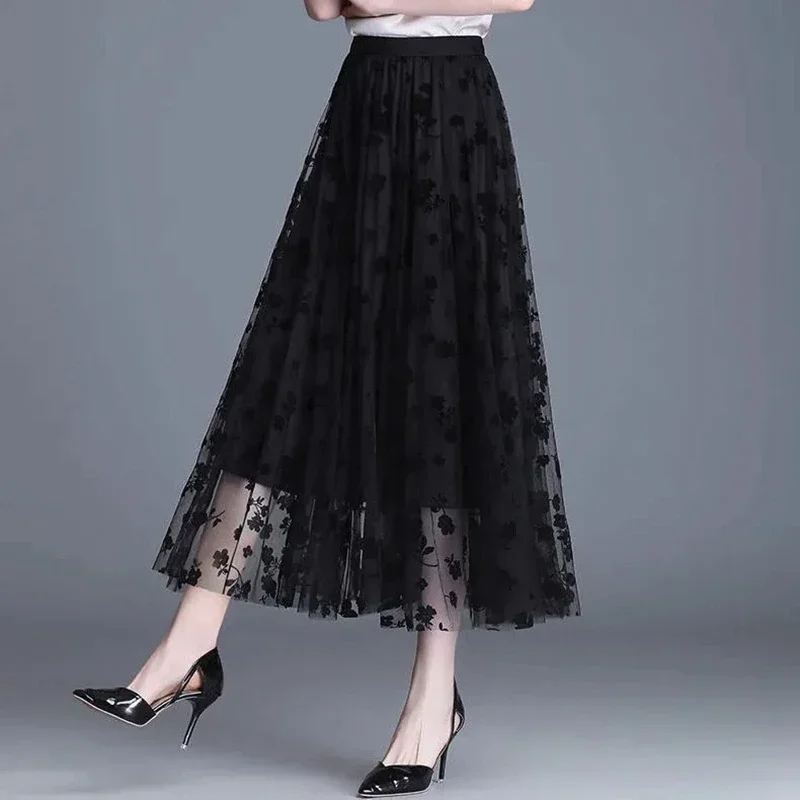 Jupe longue plissée taille haute en tulle pour femme, ligne A élégante, mode décontractée, imprimé floral coréen, noir, 2024