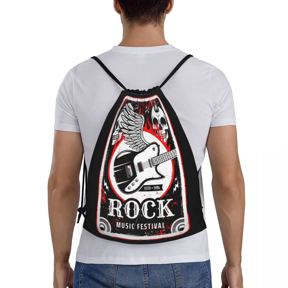 Hard Rock Muziek Drawstring Rugzak Vrouwen Mannen Gym Sport Sackpack Opvouwbare Vintage Heavy Metal Skull Gitaar Boodschappentas Zak