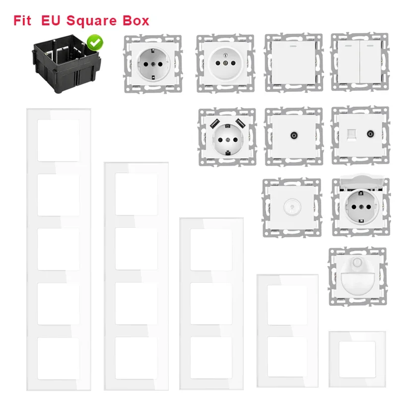 wall-mounted module diy German socket usb Cat6 computer TV tempered glass panel socket switch button function combination