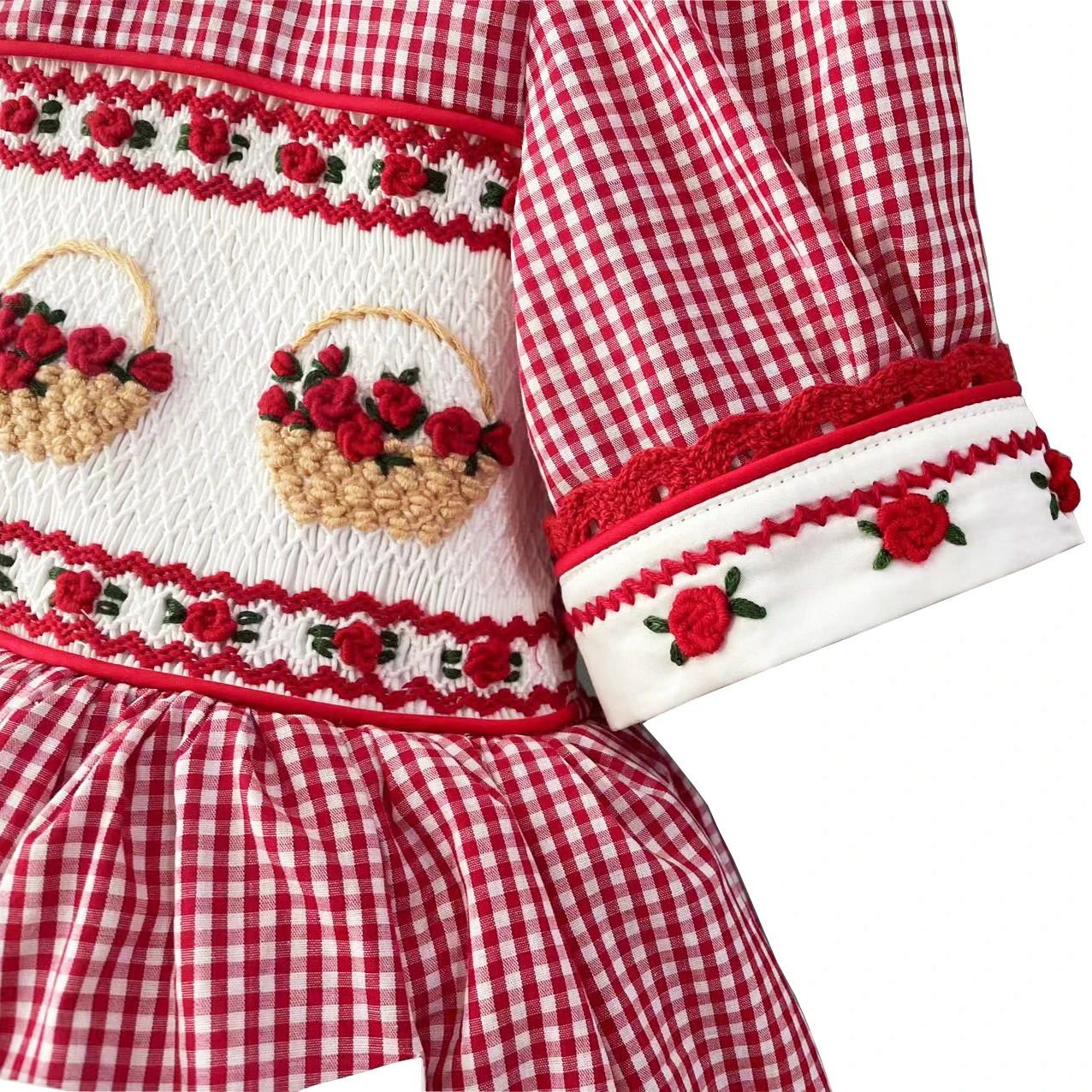 Baby Girl Red Plaid Flower Basket Smocked Vintage Princess Dress for Birthday Christmas Eid Photography