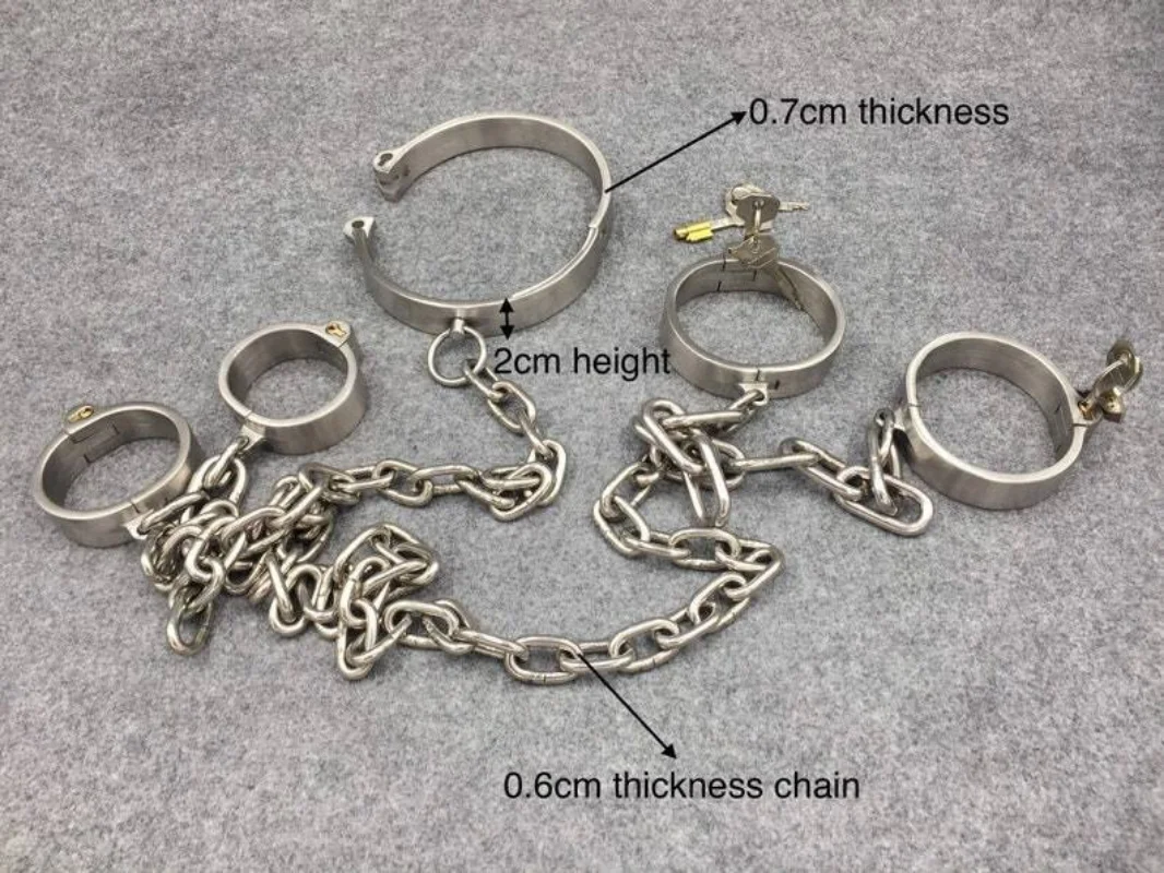 Stainless Steel Restraints Hand/Ankle Cuffs Neck Collar with Chain Lockable Bondage BDSM Reatraint Sex Toys for Women Men