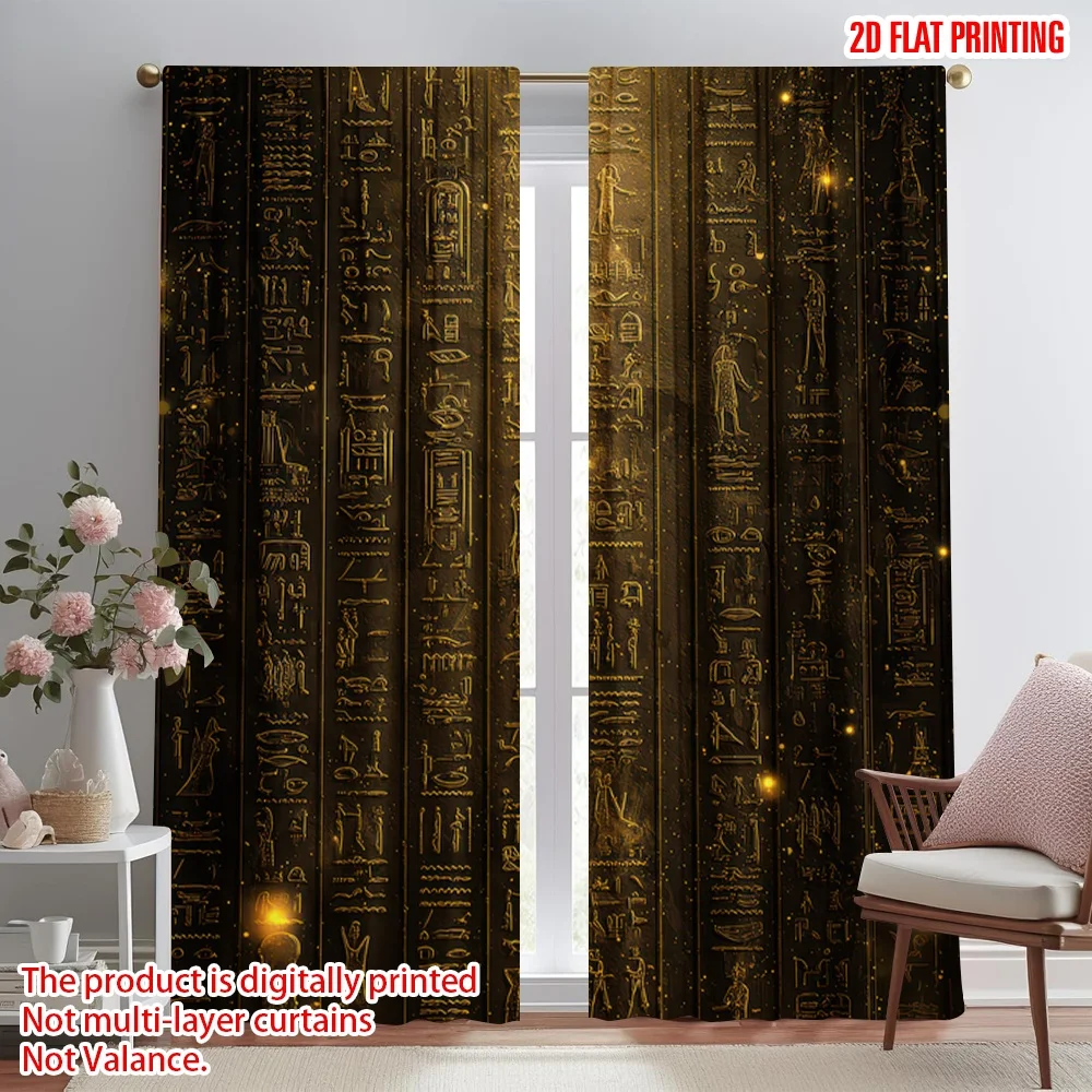 

2D flat printing 2pcs Scene Curtain Ancient Egyptian Hieroglyphs Digital Printed Polyester Drapes Party Decorations Use for