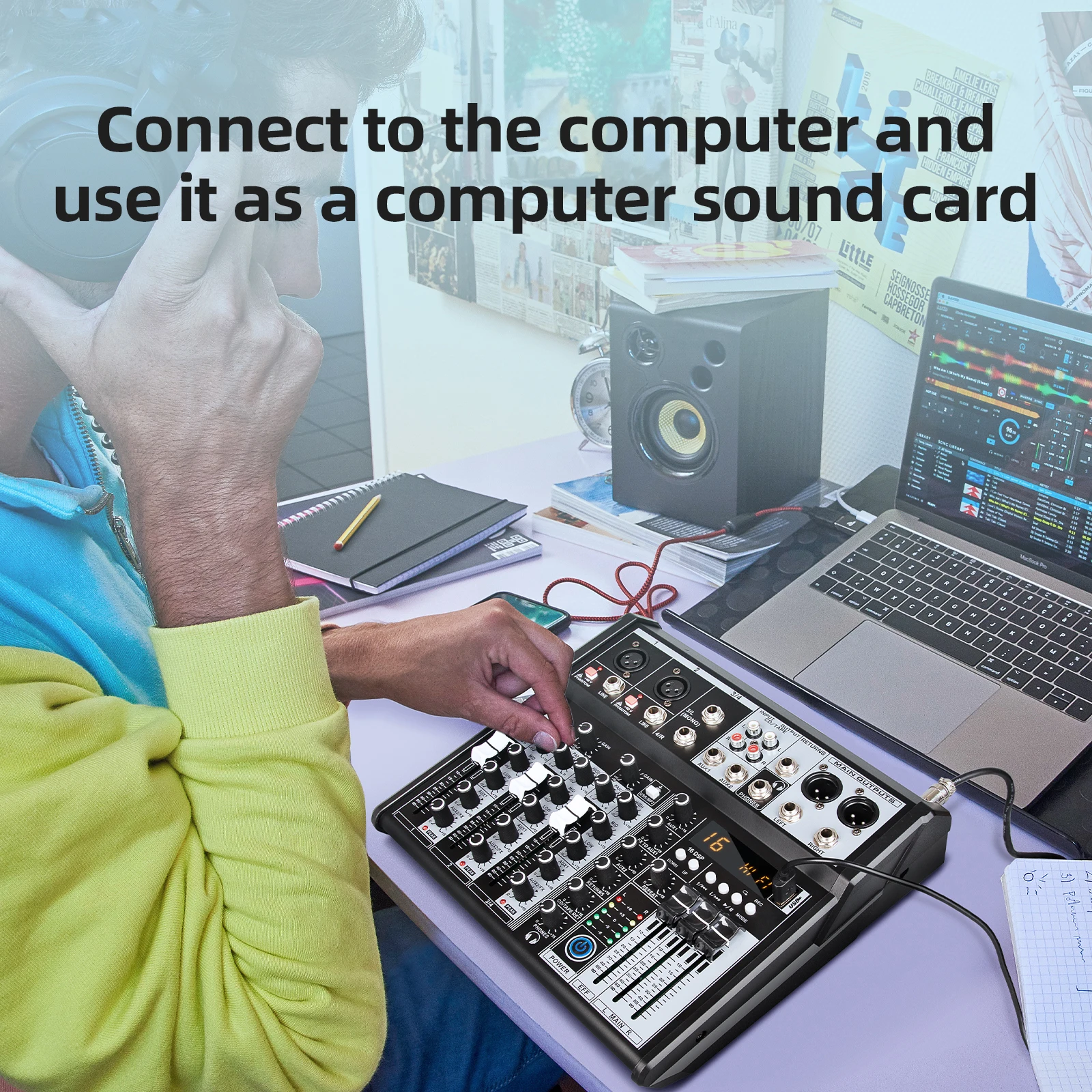 Digital 4-Channel Audio Mixer Mixing Console Built-in 48V Phantom Power With BT Function Professional Audio System