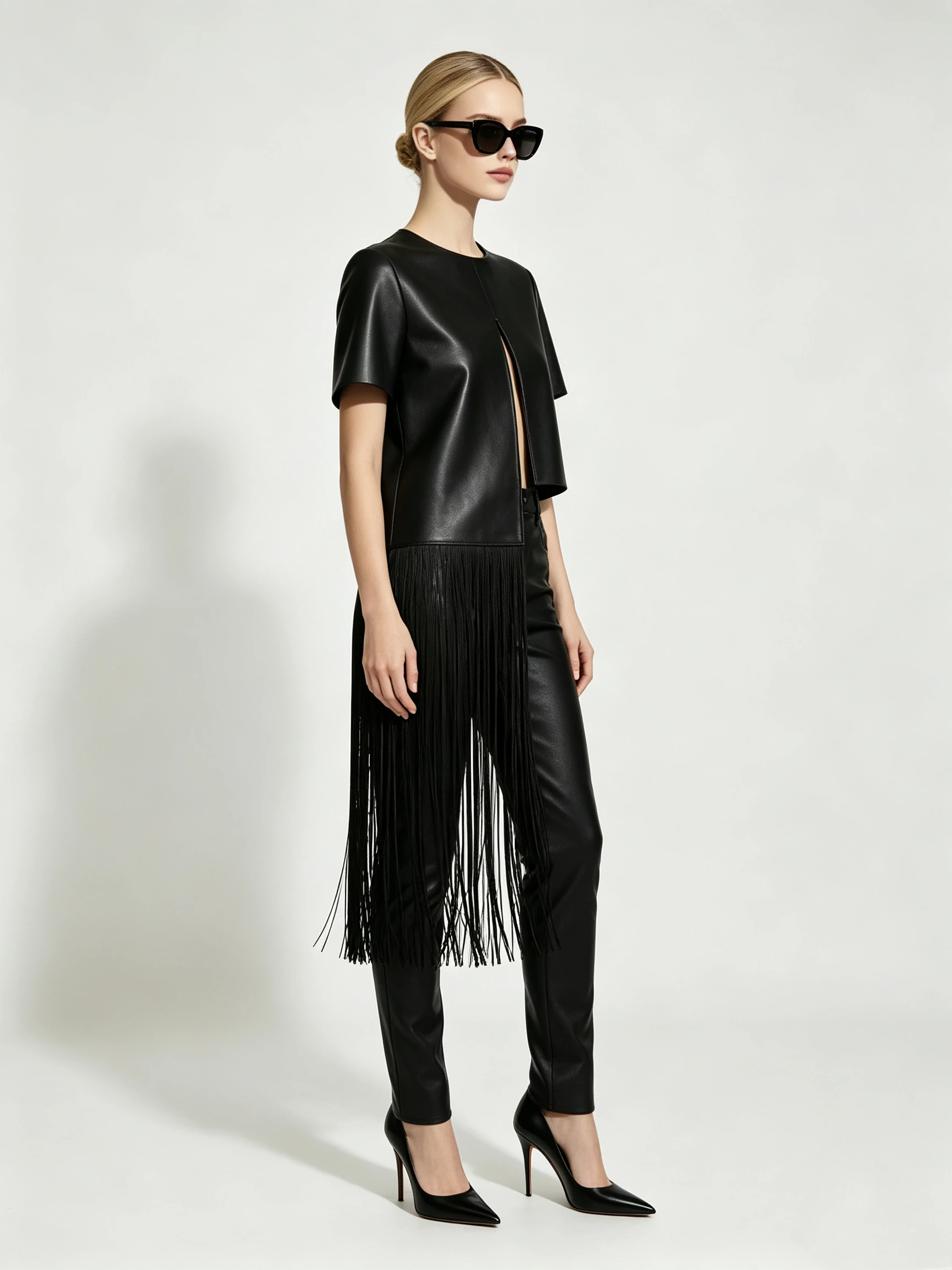 Women's Faux Leather Two-Piece Set with Asymmetrical Fringe Skirt Overlay and Split Short Sleeve Top