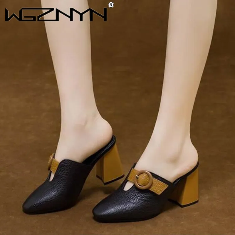 Women High Heeled Platform Half Slippers Leather Mules Femme Pointed Toe Feminino Office Ladies Chaussure Elegant Backless Shoes