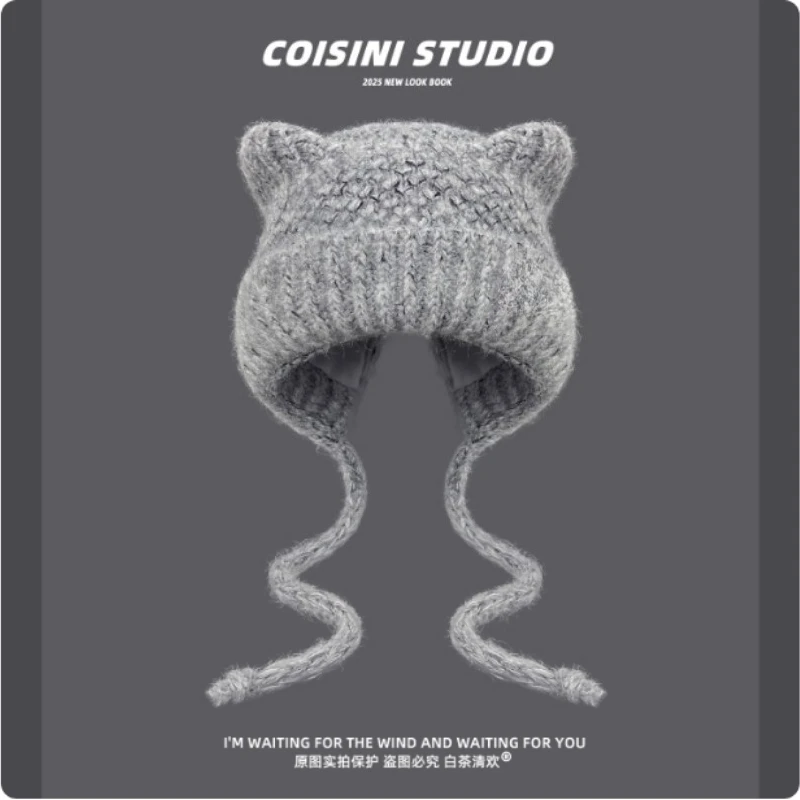 

Утолщенный пуловер с милыми кошачьими ушками, вязаная шапка, зимняя уличная разноцветная теплая защита ушей, шапки-бомберы на шнуровке для женщин