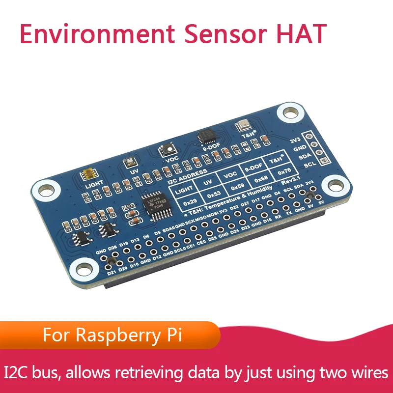 Environment Sensor HAT for Raspberry Pi,I2C Bus,onboard resources including ambient light sensor,VOC sensor,IR/UV