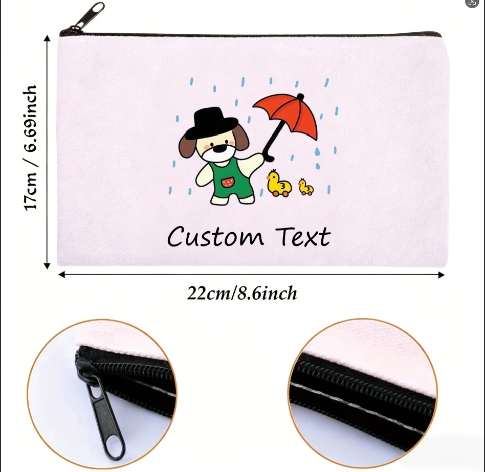 1PC Custom Text Cute Dog With Red Umbrella Little Duck Print Cosmetic Bag Personalized Canvas Zipper Storage Pouch