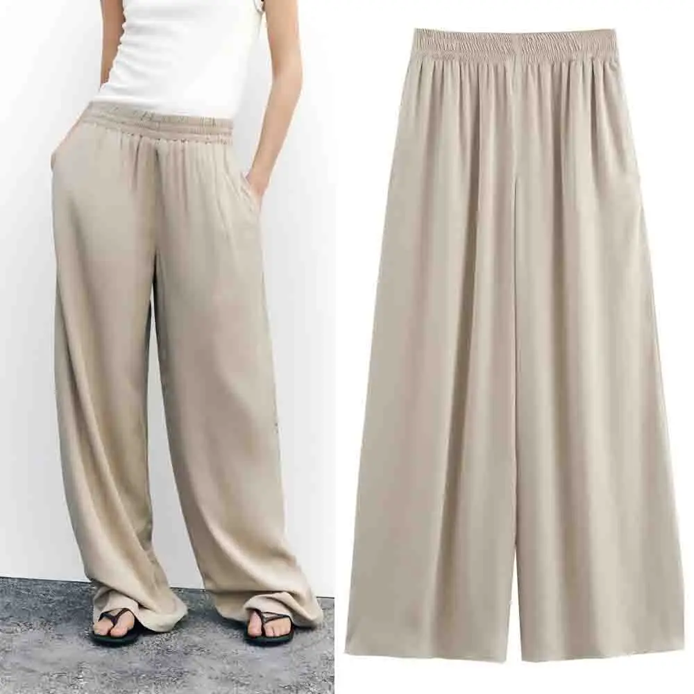 

Women's new Fashion side pocket decoration loose casual versatile pleated wide leg pants retro elastic waist women's pants