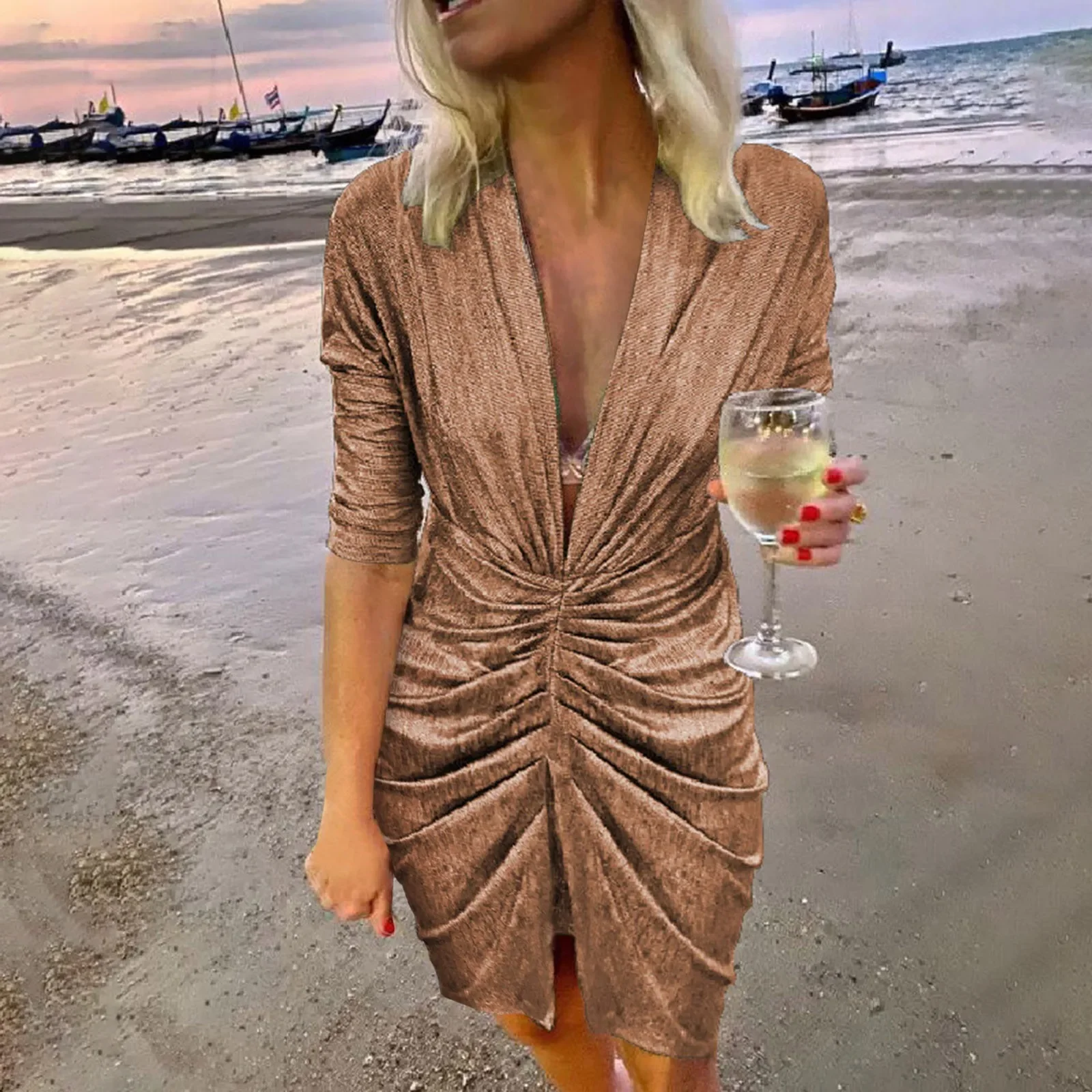 

Glitter Sexy Deep V Neck Split Ruched Elegant Party Dresses for Women Spring Summer Fashion Long Sleeve Club Mini Dress Vestidos