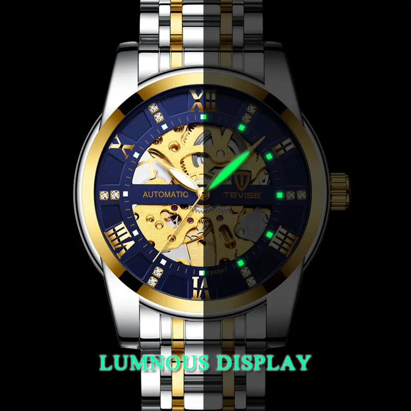 Fashion Tevise Top Brand Automatic Skeleton Full Stainless Steel  Diamond Scale Luminous Hands Men Mechanical Classic Watches