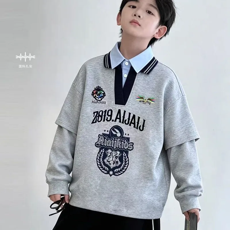 2026 spring and autumn boys' long-sleeved fake two-piece student casual top children's lapel fashion letter sweater