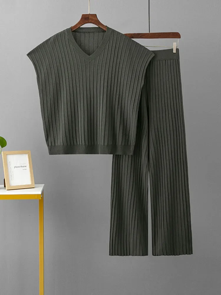 

Summer Thin Knit 2 Pieces Sets Women Loose Short Sleeve Knitwear Pullover Tops Conjuntos Korean High Waist Wide Leg Pants Outfit